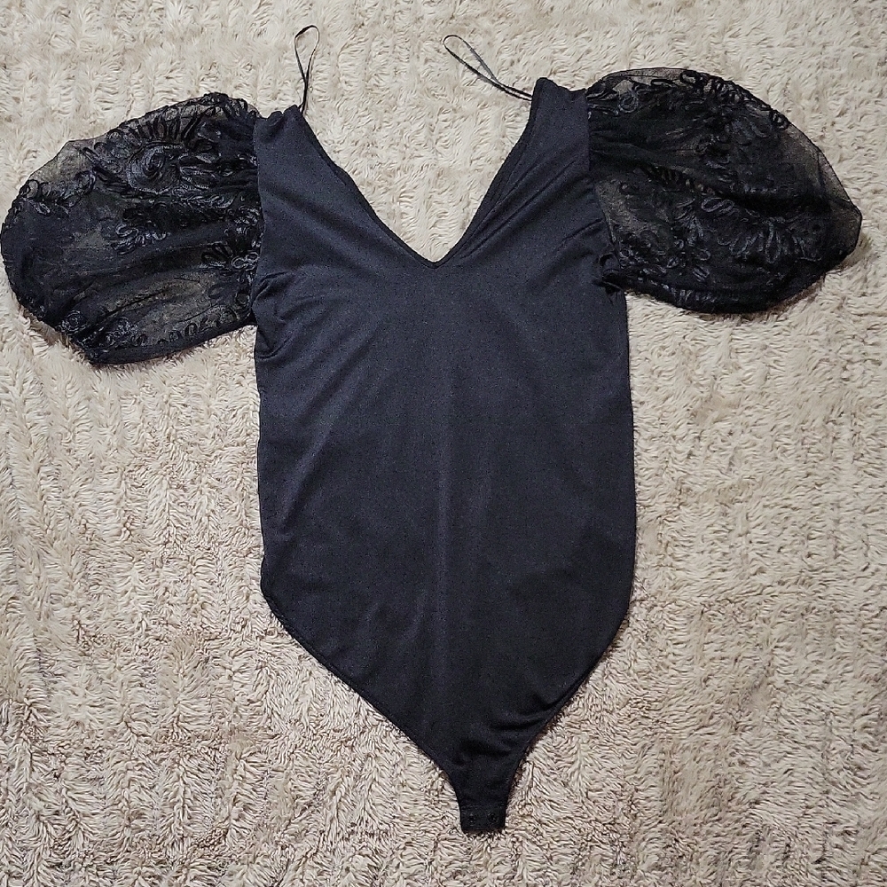 🌞Zara Black Lace Puff Sleeve Bodysuit Size Large - Picture 7 of 9